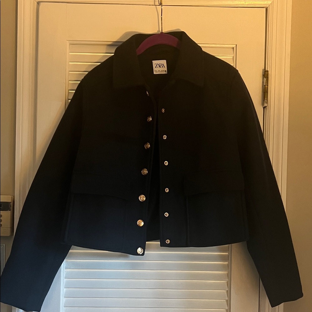 ZARA Black Cropped Button-Front Jacket with Silver Buttons- Brand New Never Worn